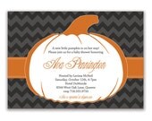 Pumpkin Baby Shower Invitation Chevron Bridal Shower Invite Birthday Wedding Invitation Halloween Autumn DIY Digital or Printed - Ava Style