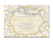 Its A Boy Baby Shower Invitation Vintage Gray & Yellow Baby Boy Modern Floral Invite DIY Printable or Printed - Meredith Style