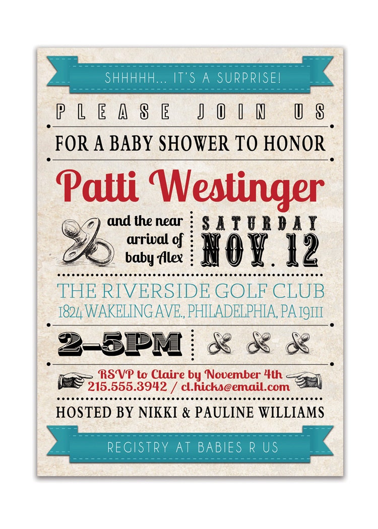 Baby Shower Invitation Vintage Retro Baby Shower Typography Retro Wedding Invitation Baby Boy DIY Digital or Printed - Patti Style