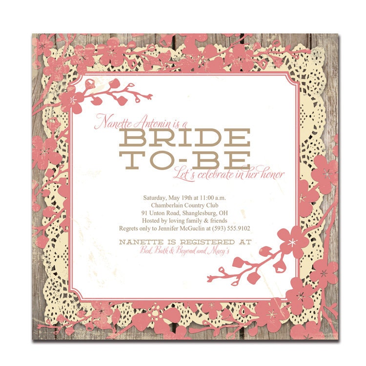 Rustic Bridal Shower Invitation Square Purple Flowers Lace Wood Rustic Wedding Invitation Bride-To-Be Printable or Printed - Nanette Style