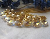 Bridesmaids Gift Set, Personalized Briolette, Eight Necklaces, Gold Wire wrapped Crystal Briolette, Personalized, initial leaf, Cream Pearl
