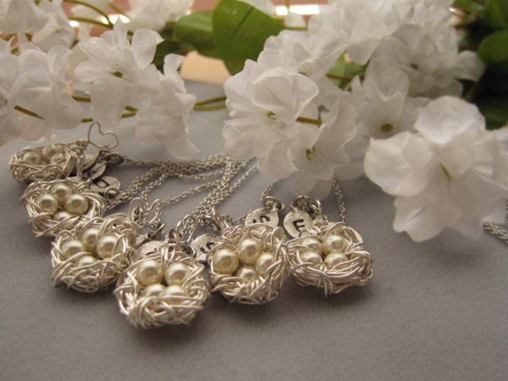 Set of Six Necklaces, Wedding Jewelry, Cute little egg nest, Personalized, Bridesmaid Gift , Four Eggs and leaves