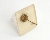 Real Flower Resin Ring - Clover Flower on a Large Beige Square - handmade epoxy resin jewelry