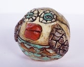 CUTE OWL - primitive folk art clay sculpture with antique finish