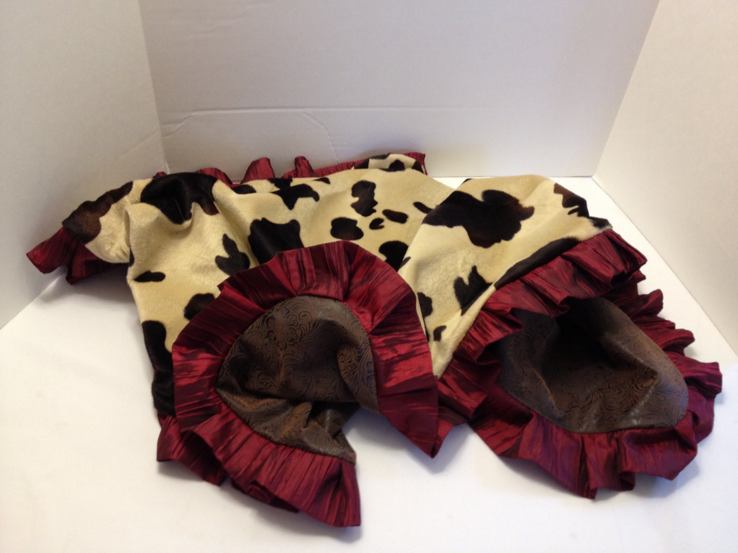 Western Baby Blanket Cow Print and Brown With Red Ruffle