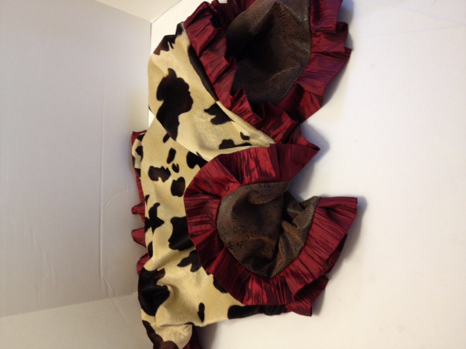Western Baby Blanket Cow Print and Brown With Red Ruffle