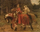 Fabulous Medieval Regency Print of Knight and Lady on Horseback--Alphonse Mucha--Featured  in 25 Treasuries.