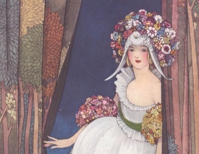 Lady Bird Flowers ART NOUVEAU Art Painting Print of Woman Flowers as Headdress--ALSO Larger Size--by famous artist George Plank
