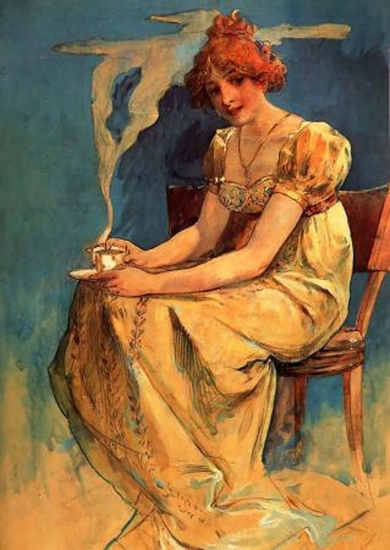 ART NOUVEAU print of famous painting of woman with Steaming Cup of Coffee by Alphonse Mucha