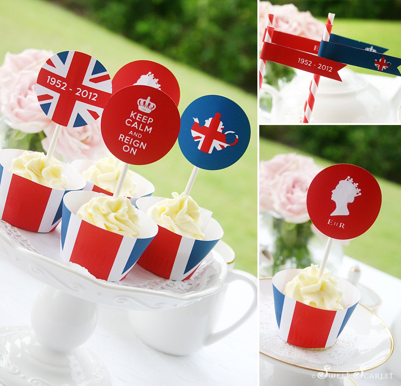 QUEEN Jubilee High Tea Printable Set - Cupcake Toppers, Cupcake Wrappers & Straw Flags Il_170x135