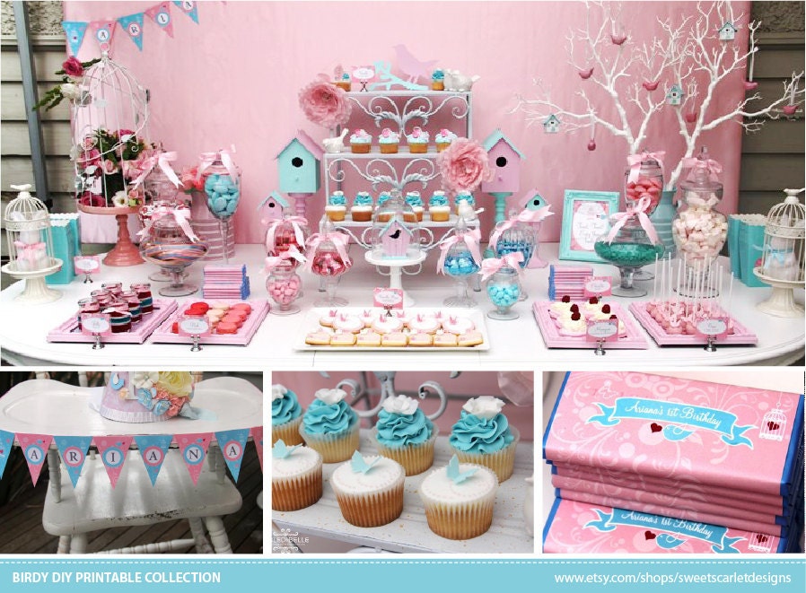 BIRD and Butterfly Birthday Printable Set - Bird Birthday Invitation, Cupcake Toppers, Favor Tags, Candy Wrappers, Bunting and more