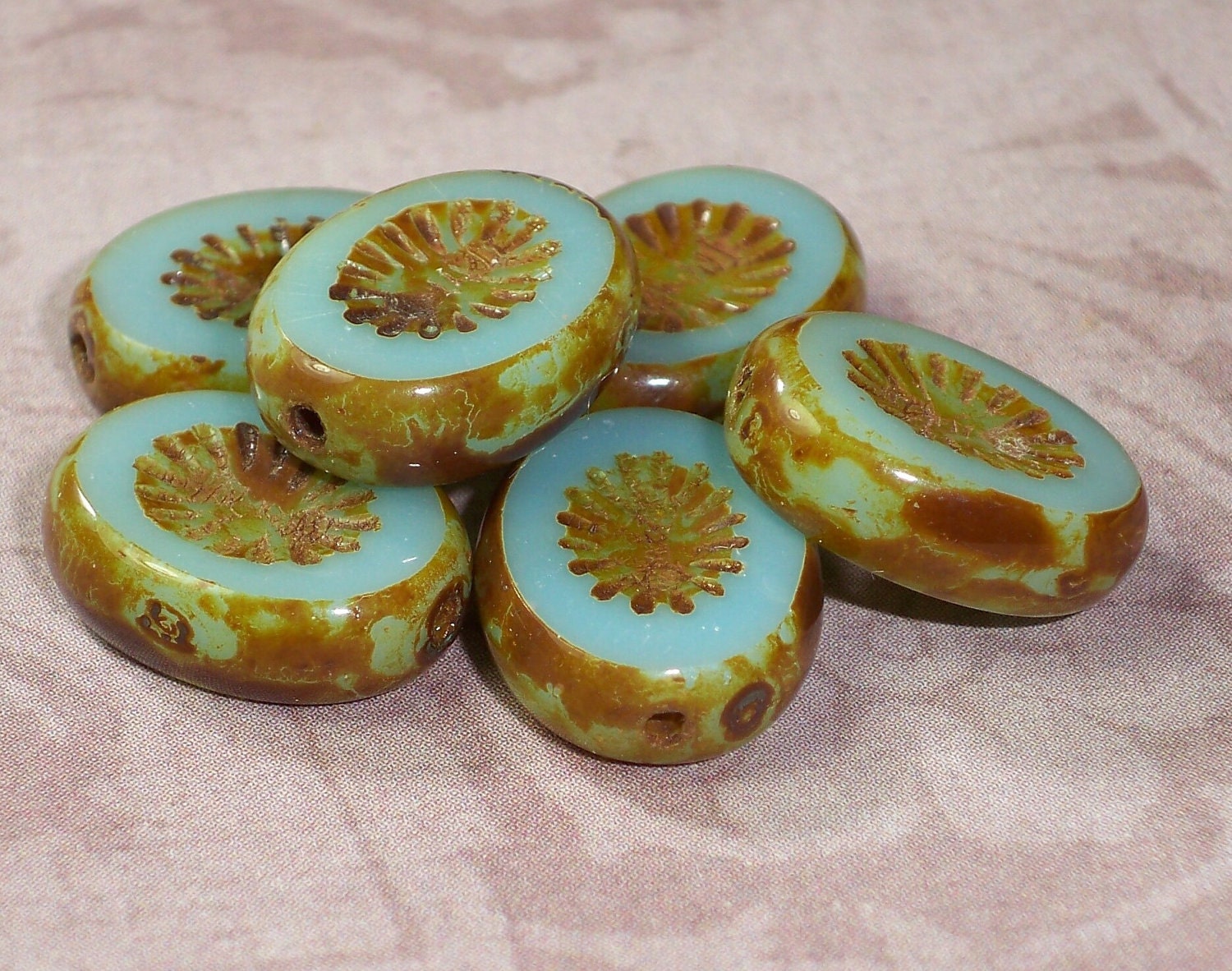Aqua Oval Bead 14x10mm Czech Glass Milky Picasso Blue CARMEL (6)