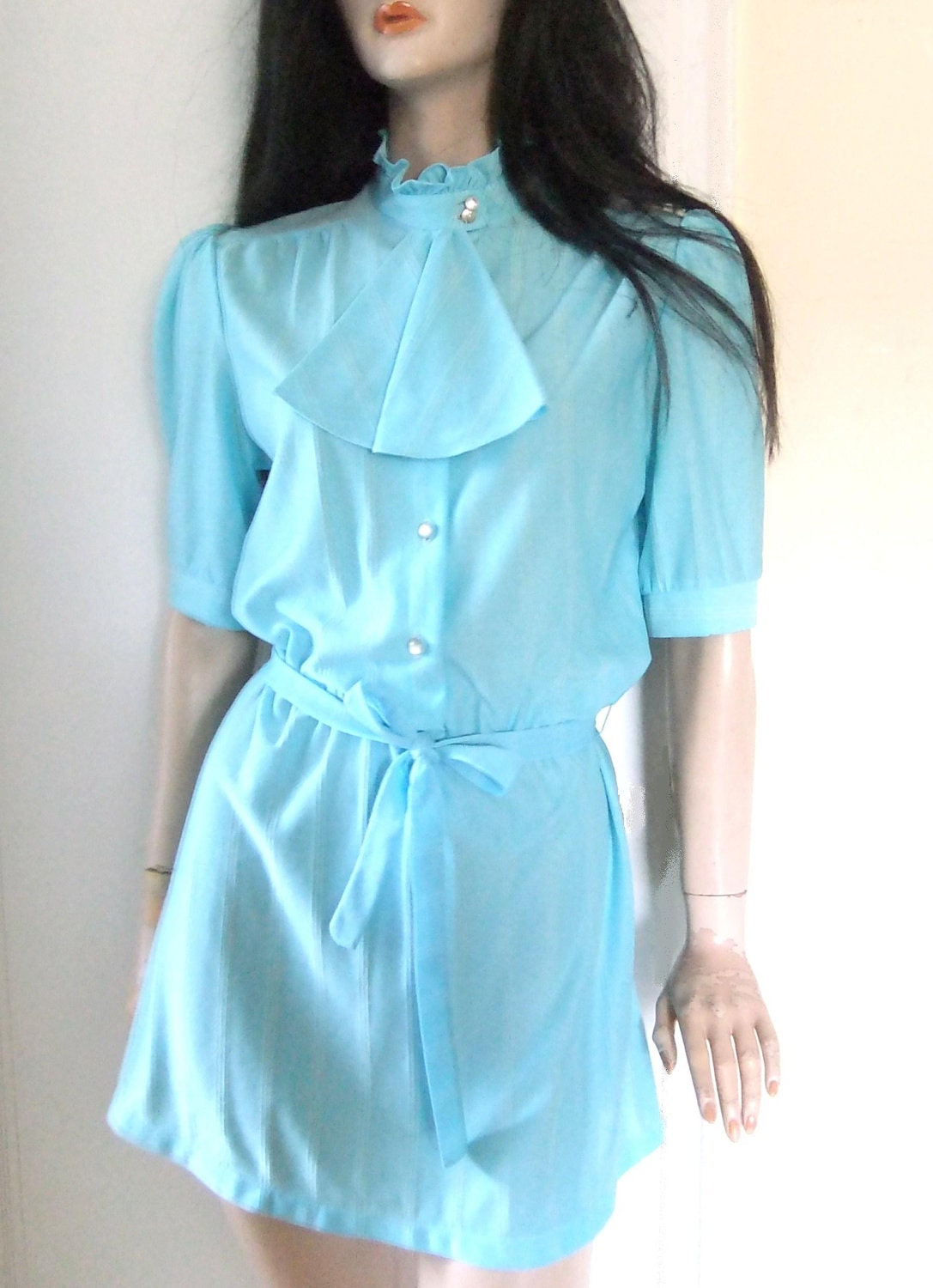70s ascot secretary mini dress, light aqua blue colour, size medium