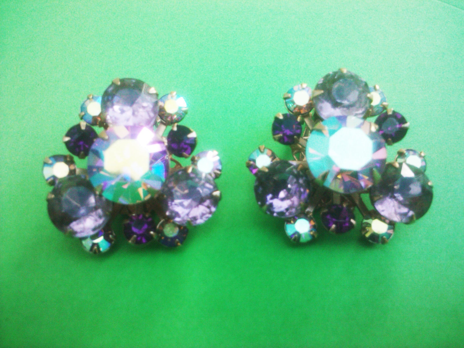 Vintage 1960s Rhinestone Earrings/ Purple/ Clip/ BEAU JEWELS