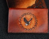 Brown Leather Credit Business card holder case, with Eagle and Stars, will hold 2 to 10 cards, hand embossed, and dyed..