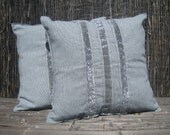 Silver-Gray Ribbon Throw Pillow 16"x16", Neutral Blue Cotton, Rayon-like Texture