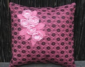 Extravaganza Five Pink Roses on Black Lace Throw Pillow Cover 16"x16" Pink Roses & Leaves, Black Lace on Pink Duck Cotton Fabric