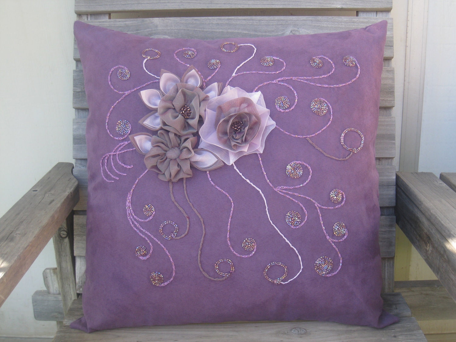 Whimsical Garden Purple Throw Pillow Cover 20"x20" Suede, Flap with Purple Zipper in the Back, Bead Embroidery, Three Fabric Flowers