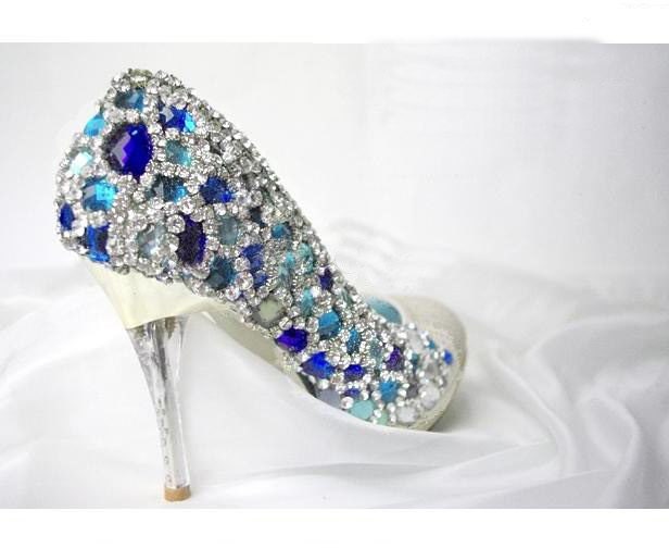 Make to order hand sew princess crystal shoes wedding shoes blue