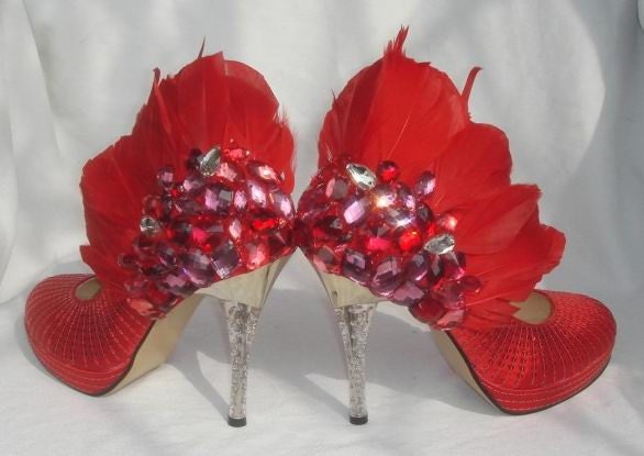 Hand sewing princess crystal shoes wedding shoes high heel with feather red