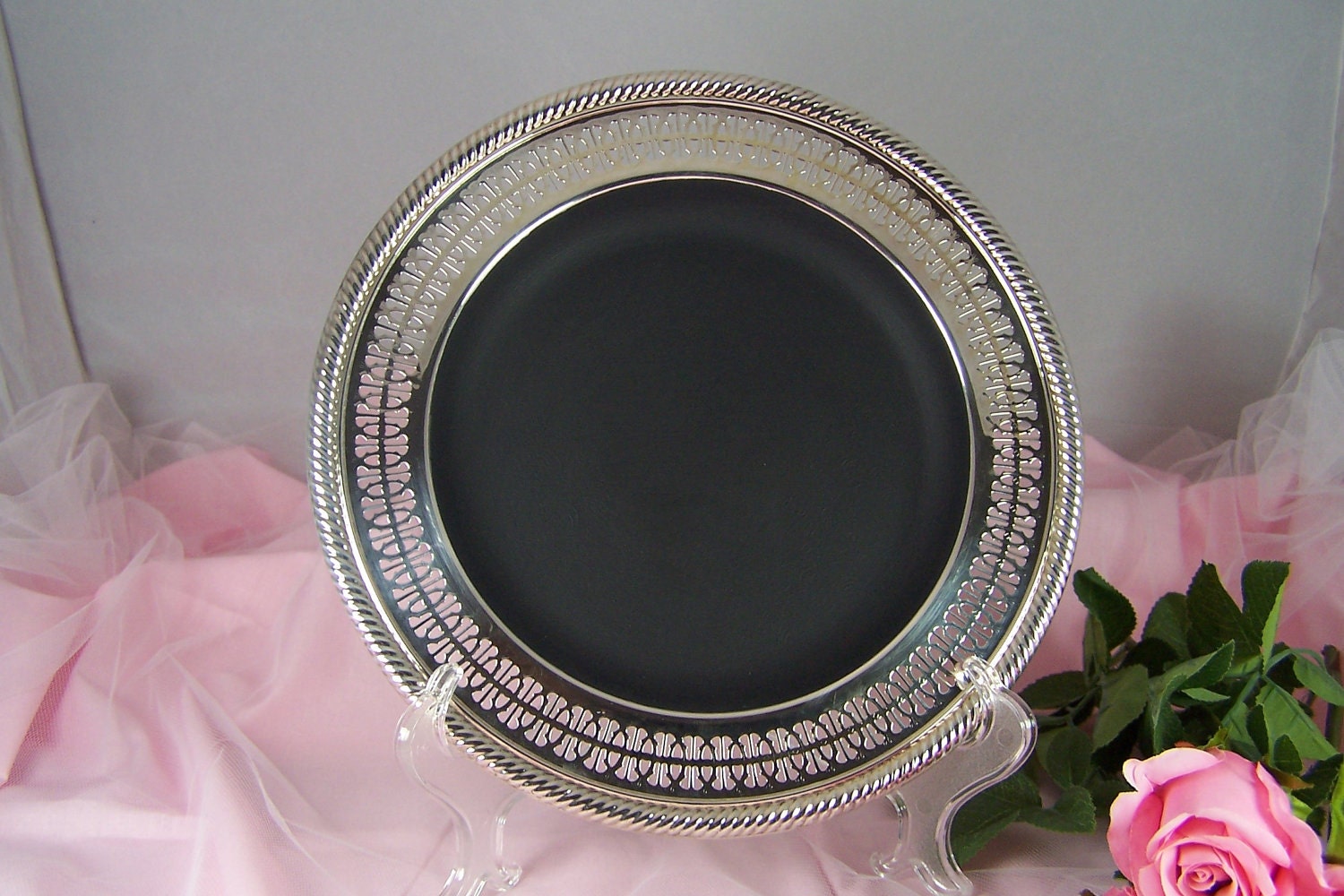 Sale - CHALKBOARD Tray - HOLIDAYS - WEDDINGS - Vtg Silver Tray - 10" - International - Repurposed - Special Events - Under 25