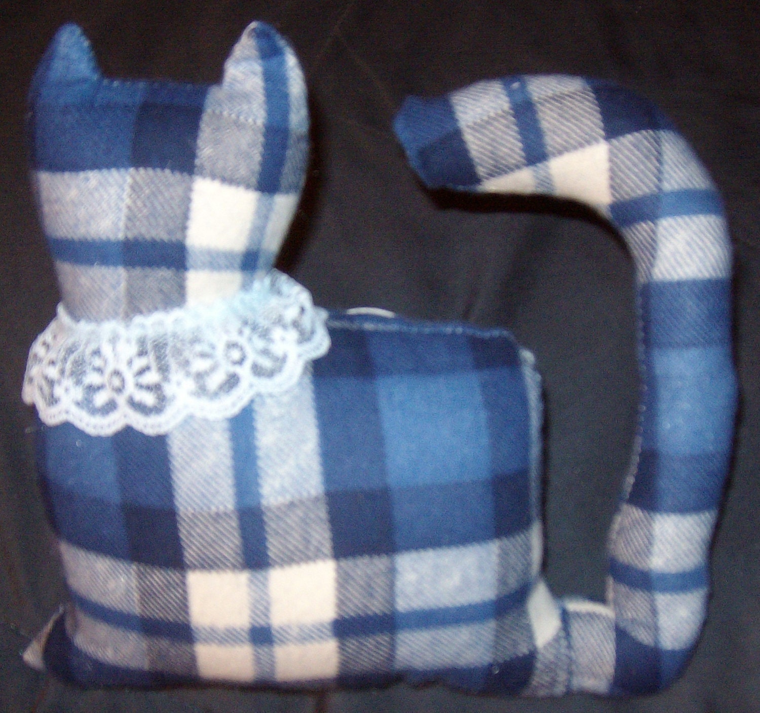 Blue plaid  flannel Kitty Cat Window Sitter               for your  window or desk or dresser or bed