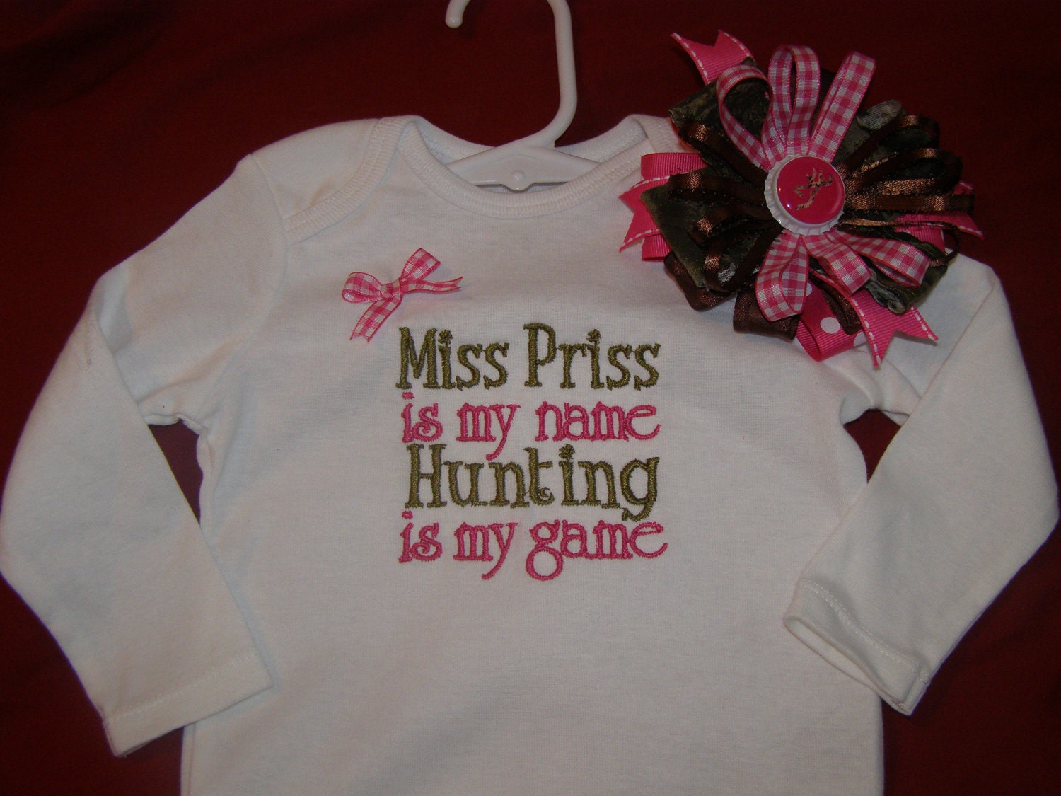 Miss Priss Girl's Shirt with Matching Camoflauge and Pink Hair Bow and Headband