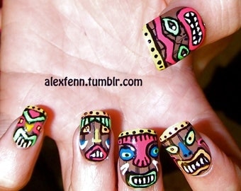 Tiki tribal fake nails