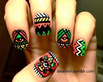Neon aztec eye fake nails
