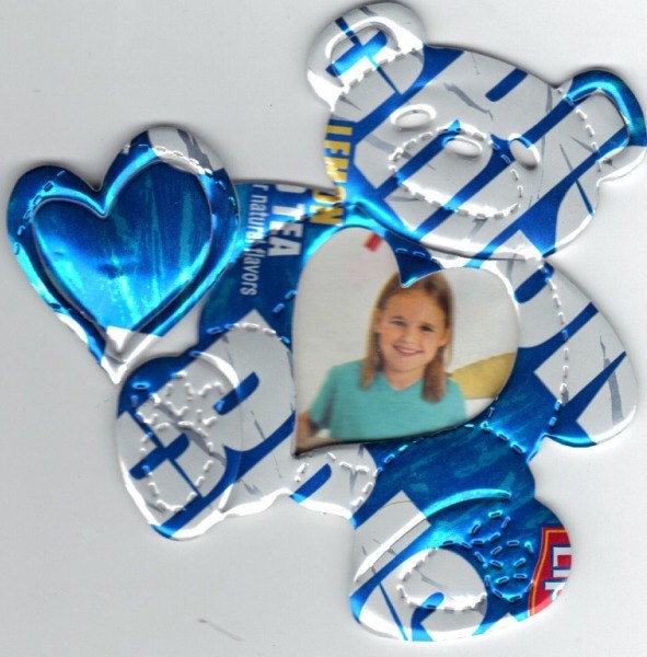 BLUE BEAR photo frame ORNAMENT from recycled can