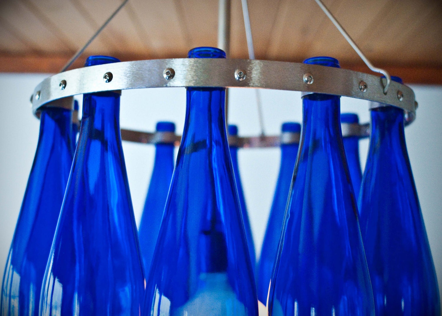 Wine Bottle Chandelier- Blue Moon-Stainless Steel with Cobalt Blue Bottles