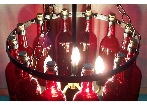 18" Wine Bottle Chandelier Ruby Red with Brass fixture