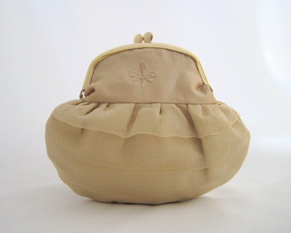 Framed Clutch Purse, Taffeta, Gold, Embroidered Fleur-de-lis - PoePoePurses
