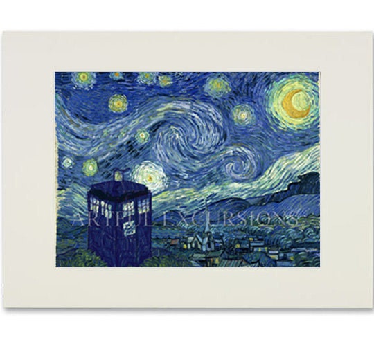 Doctor Who print matted Van Gogh tardis Starry Night dr who 8 x 10 Print Doctor Who Famous Painting Tardis Geek