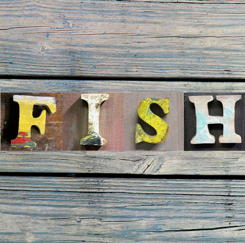 Beach Decor Fish Sign Vintage Style Nautical Wooden Letters by SEASTYLE
