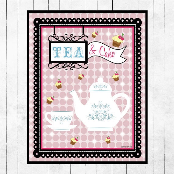 Retro Art Print Poster Tea Cake Geometric Pink Blue Pattern