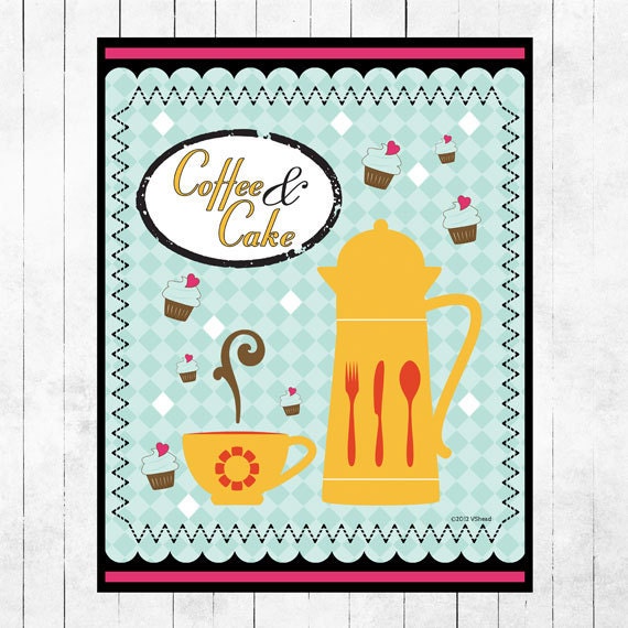 Retro Art Print Poster Coffee Cake Geometric Turquoise
