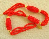Carved Red Coral Tube Necklace - Coral Beads