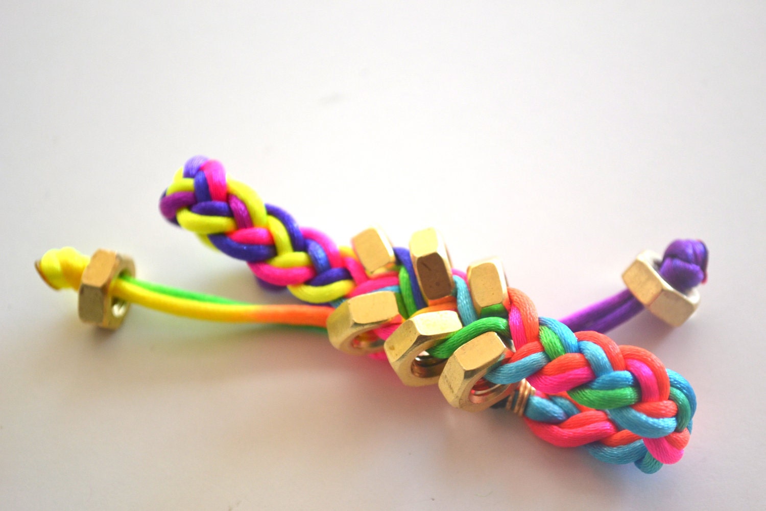 Rainbow Steampunk Hex Nut Neon Pink Gold Braided Bracelet Pull Tie