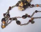 Long Autumn Colors Necklace - Red, Maroon, Mustard Yellow and Black Bead Necklace on Long Chain - ChathamsCrossing