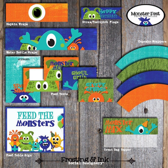 Monster Birthday Party - Complete Collection - Toppers, Bunting Banner, Party Signs, Favor Tags, Wrappers & More - Customized Printable