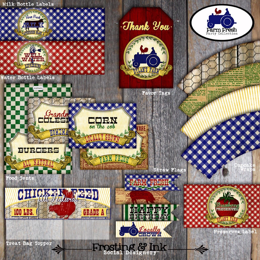 Farm Party - Barnyard Birthday Party - Complete Collection - Toppers, Banner, Favor Tags & More - Customized Printable (Tractor, Vintage)