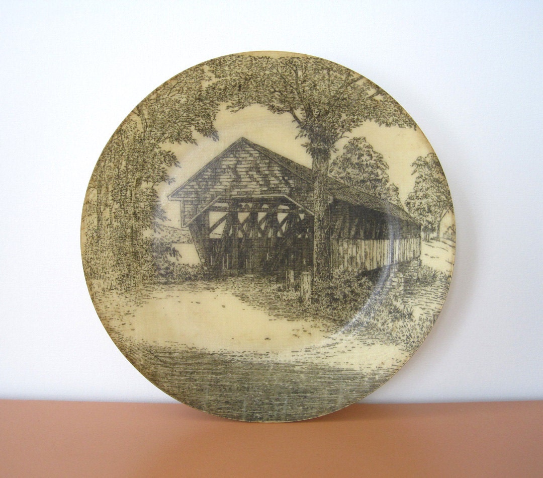Vintage Fiberglass Serving Bowl, Covered Bridge Motif