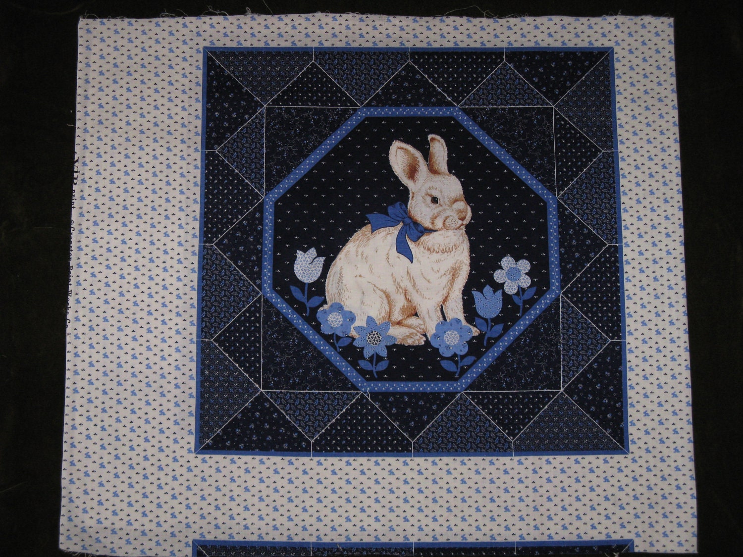Vintage Fabric Cotton Craft Panel Screen Print Bunny Rabbit Blue 1/2 Yard Printed Fabric Patchwork Pillow or Quilt Block