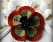 Red, Green & Black Felt Flower with Black Beads Clip/Pin