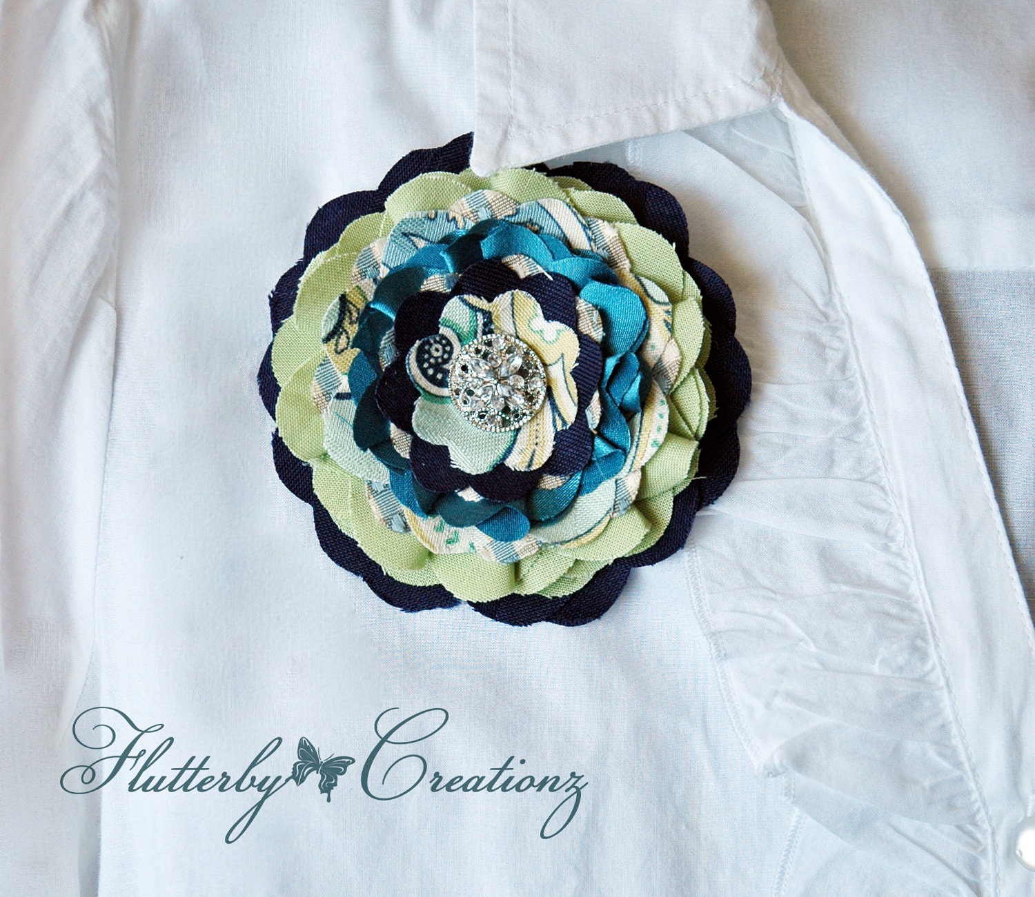 Multi Fabric Flower Fascinator in Navy, Lime Green & Turquoise Clip / Brooch Pin Corsage Combo