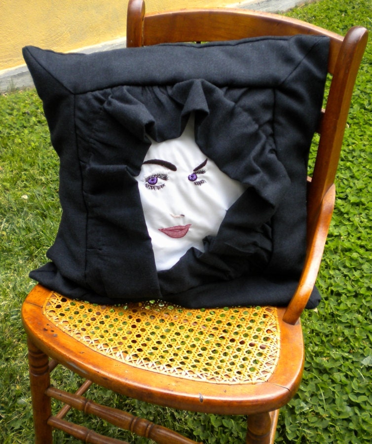 Pillow Cover Womens Mysterious Face Hidden in a Cloak  (20 x 20 inches, ruffled, black, white, purple eyes, decorative pillow)