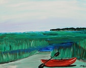 Blue Marsh, Original Painting, Red Kayak, Fine Art, Ocean Art, Kayak, Decor, Coastal, Whimsical Kayak Painting