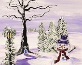 Snowman, Original Painting, Purple, Fairy Door, Fantasy Art, Winter Art, Fine Art, Whimsical Snowman Painting