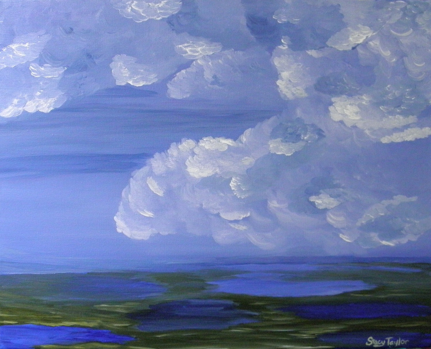 Blue Rain, Original Painting, Clouds, Sky, Stormy Skies, Marsh View, Surreal Art, fine art,